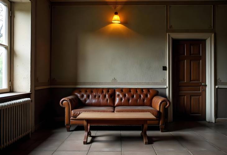 Vintage Interior with Leather Sofa, Wooden Table, and IndustrialStyle Ceiling Light